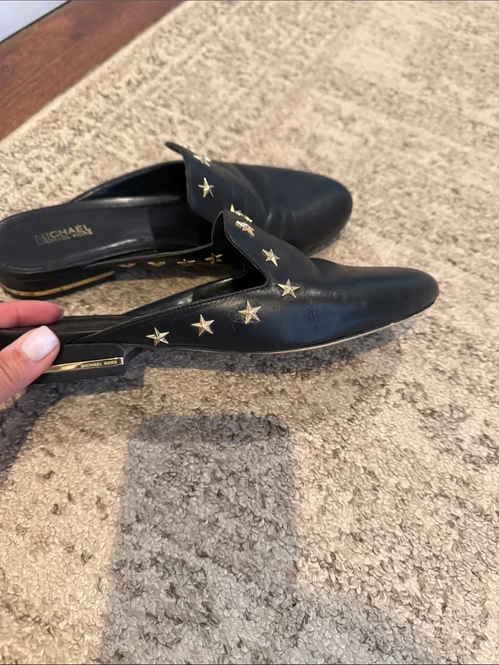 Michael Kors Black Leather Star-Stud Slide Mules